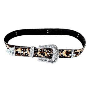 Western Cowgirl Leopard Fur Print Belt Rhinestone Buckle Studs Genuine Leather